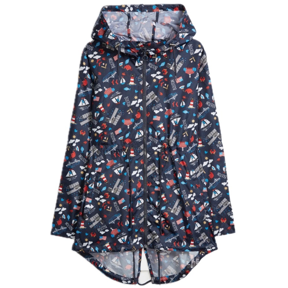 Primark Navy Parka in a Pack Raincoat with Fun Boston Print Size Large